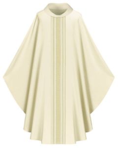 White Chasuble with inside stole.
Adorned with orphreys in Ornata, a stylish fabric with a woven pattern in shades of gold.