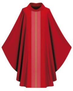 Chasuble with inside stole.
 Red Adorned with orphreys in Ornata, a stylish fabric with a woven pattern in shades of gold.
