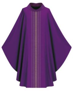 Purple Chasuble with inside stole.
Adorned with orphreys in Ornata, a stylish fabric with a woven pattern in shades of gold.
