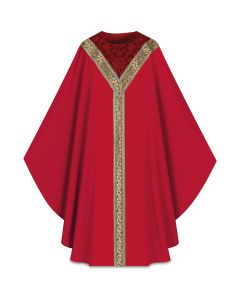 Chasuble with inside stole.
Combination of brocade application and orphreys. Red