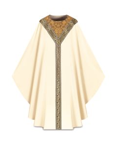 Chasuble with inside stole.
Combination of brocade application and orphreys. Beige