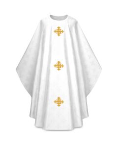 In Adornes, damask fabric of 100% man-made fiber. Chasuble, with embroidered crosses, width 59”, length 53”; with inside stole. White
