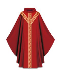 Red Chasuble with inside stole. With orphreys on front and back. Pius 100% man-made fabrics, Roll Collar