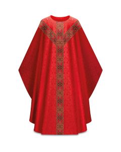 Red Chasuble, with inside stole. Adorned with beautifully woven galloon. Duomo - damask fabric, 100% man-made fibers