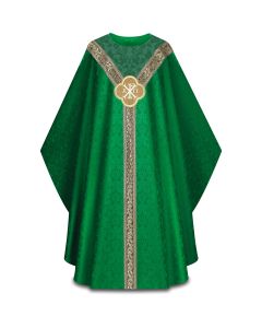 Green Chasuble, with inside stole.
Featuring matching Goya damask, a woven orphrey and a machine-embroidered emblem.