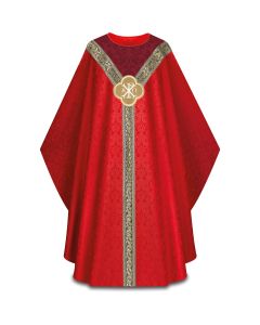 Red Chasuble, with inside stole.
Featuring matching Goya damask, a woven orphrey and a machine-embroidered emblem.