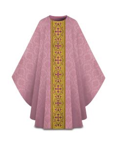 Chasuble, with inside stole.
Featuring gold brocade banding with embroidery, matching the color of the chasuble.
Rose. Slabbinck