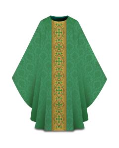 Chasuble, with inside stole.
Featuring gold brocade banding with embroidery, matching the color of the chasuble. Green. Slabbinck

