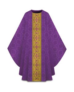 Chasuble, with inside stole.
Featuring gold brocade banding with embroidery, matching the color of the chasuble. Slabbinck
