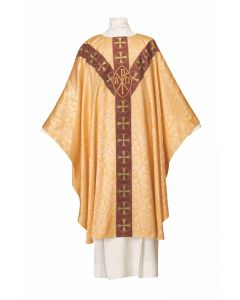 Tudor Rose damask (a beautiful, lightweight damask). The chasubles have an ample gothic cut with a 61” width and 53” length and include an inner stole, Gold