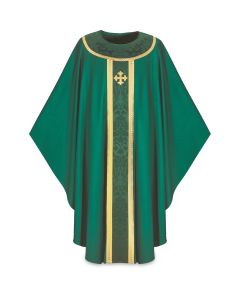 Gothic Chasuble, with inside stole.
Banding and decoration around neck in Goya, damask fabric, with gold braid and hand-embroidered cross.