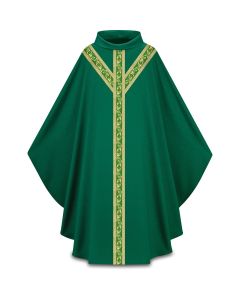 Green Chasuble with inside stole. With orphreys on front and back. Pius 100% man-made fabrics, Roll Collar