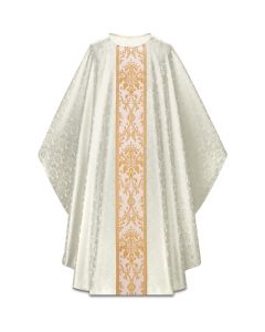 Chasuble with inside stole.
With beautiful fine woven band in gold threads, on front and back
