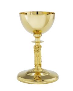 High Polish Chalice plated in 24k gold with Holy Family Stem and Celtic cross. 7 7/8” Height, 12 oz.  with 5 ½” scale paten.