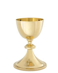 High Polish Chalice plated in 24k gold with ornate gold cross accent. 7 1/4” Height, 12 oz. with 5 1/2” 24k scale paten.