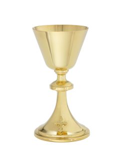 High Polish Chalice plated in 24k gold with ornate gold cross accent. 7 5/8” Height, 8 oz.  with 5 ½” scale paten.