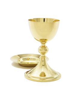 High Polish Chalice plated in 24K gold with engraved design.8" Height. 12oz. with 6-3/8" deep well paten. 