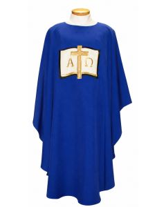 Red Chasuble with Open Book, Cross & Alpha Omega. Beautiful, Lightweight. Beau Veste