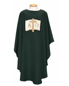 Hunter Green Chasuble with Open Book, Cross & Alpha Omega. Beautiful, Lightweight. Beau Veste