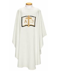 Off White Chasuble with Open Book, Cross & Alpha Omega. Beautiful, Lightweight. Beau Veste