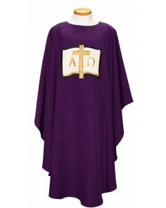 Red Chasuble with Open Book, Cross & Alpha Omega. Beautiful, Lightweight. Beau Veste