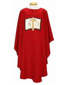 Red Chasuble with Open Book, Cross & Alpha Omega. Beautiful, Lightweight. Beau Veste