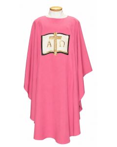 Rose Pink Chasuble with Open Book, Cross & Alpha Omega. Beautiful, Lightweight. Beau Veste