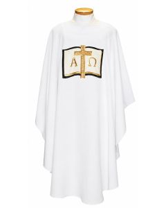 Blue Chasuble with Open Book, Cross & Alpha Omega. Beautiful, Lightweight. Beau Veste