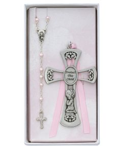 Baby Cross and Rosary Set Pink
