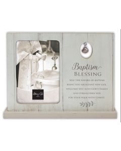 Baptism Blessing Wood Look Frame, Gray with pewter Baptismal shell Accent