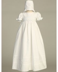 Baptism Gown, 6-12 Months, White Smocked Cotton, Bonnet Included
