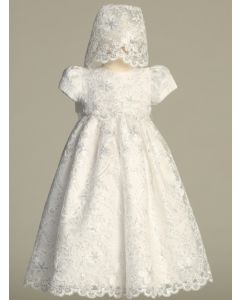 White Baptismal Tulle Gown Corded, with Sequins, 3-6 Months, Bonnet Included