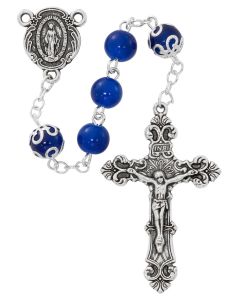 Blue Glass Rosary 8mm Capped Beads, Zinc Crucifix