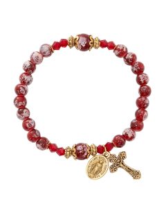 Gold Red Marble Rosary Bracelet Stretch, 2 Decades