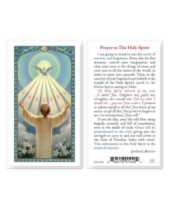 Laminated 'Holy Spirit' Holy Card with our exclusive world-famous Italian 'Fratelli Bonella' artwork. Our laminated, white holy card is two-sided with gold-stamped image of The 'Holy Spirit Dove with Rays' and 'Child Accepting the Holy Spirit' on the fron