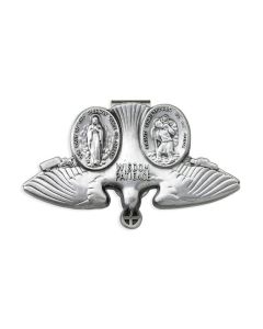 Antique Silver Finished Holy Spirit, Our Lady of the Highway and St. Christopher Visor Clip. Inscribed with: Wisdom Patience, O.L. of the Highway Guide Us Safely, St Christopher Be My Guide. Size: 1 1/2" x 2 1/2" 