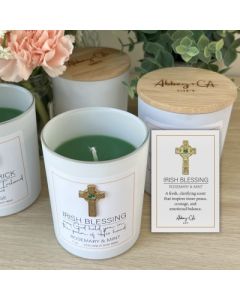 Candle with Rosemary and Mint Scent in Glass jar with cover and Celtic Cross and short Irish Blessing on front