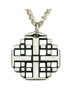 Jerusalem cross, 3/4". Solid cast antiqued & polished pewter on 18" chain in poly bag. 
Product Size: 3/4" X 3/4" X 1/16"