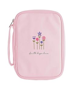 Large Bible Cover, Zipper, Pink, "Faith Hope Love" with flowers
