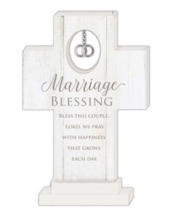 Marriage Cross 6" Standing made of wood, whitewashed gray with double ring charm, Marriage Blessing reads "Bless this couple, Lord, we pray, with happiness that grows each day"