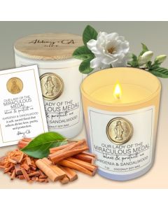 Candle Gardenia and Sandalwood Scent in glass jar with Miraculous Medal on front