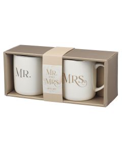 Mr and Mrs Ceramic Mug Set This collection includes a ceramic coffee mug set, a thank you card set, a ceramic trinket tray, a guest book, and a gift bag.