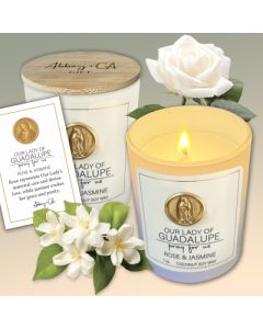 Candle Rose and Jasmine Scent in Glass Jar with Our Lady of Guadalupe medal on front