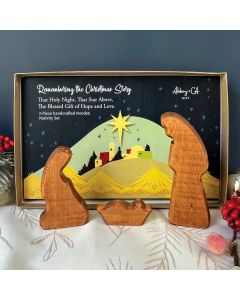 Holy Family 3-Piece Figurine Set. Finely handcrafted in hardwood, with light cherry stain finish.