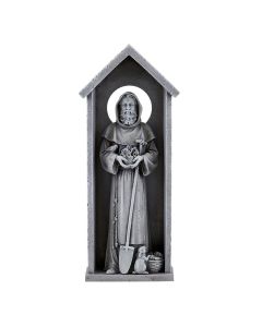 Ireland's Saint Fiacre of Breuil, the Catholic Priest, abbot, hermit, and gardener of the seventh century who was famous for his sanctity and skill in curing infirmities, 
8 1/4" H, Resin stone mix