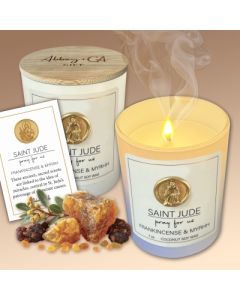 Candle Frankincense and Myrrh Scent in Glass Jar with St Jude medal on front