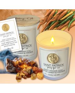 Candle Sweet Orange Chili Pepper, Amber and Fireside in Glass Jar with St Patrick Medal on front