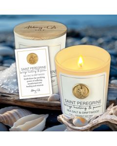 Candle Sea Salt and Driftwood Scent in Glass Jar with St Peregrine medal on front