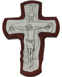 Cherry Wood Cross with one piece Trinity, Pewter Dove above God the Father holding the arms of Jesus on the Cross.