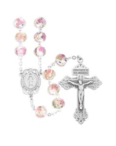 Rosary with Rose Glass beads, Pewter Pardon Crucifix and Miraculous Centerpiece